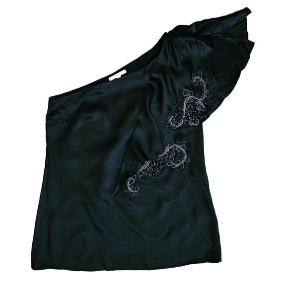 Nanette Lepore Silk Beaded One Shoulder Blouse Size 10 Embellished Ruffle Black - Picture 1 of 7